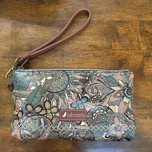 Sakroots Peach Multi Floral Wristlet with Brown Strap